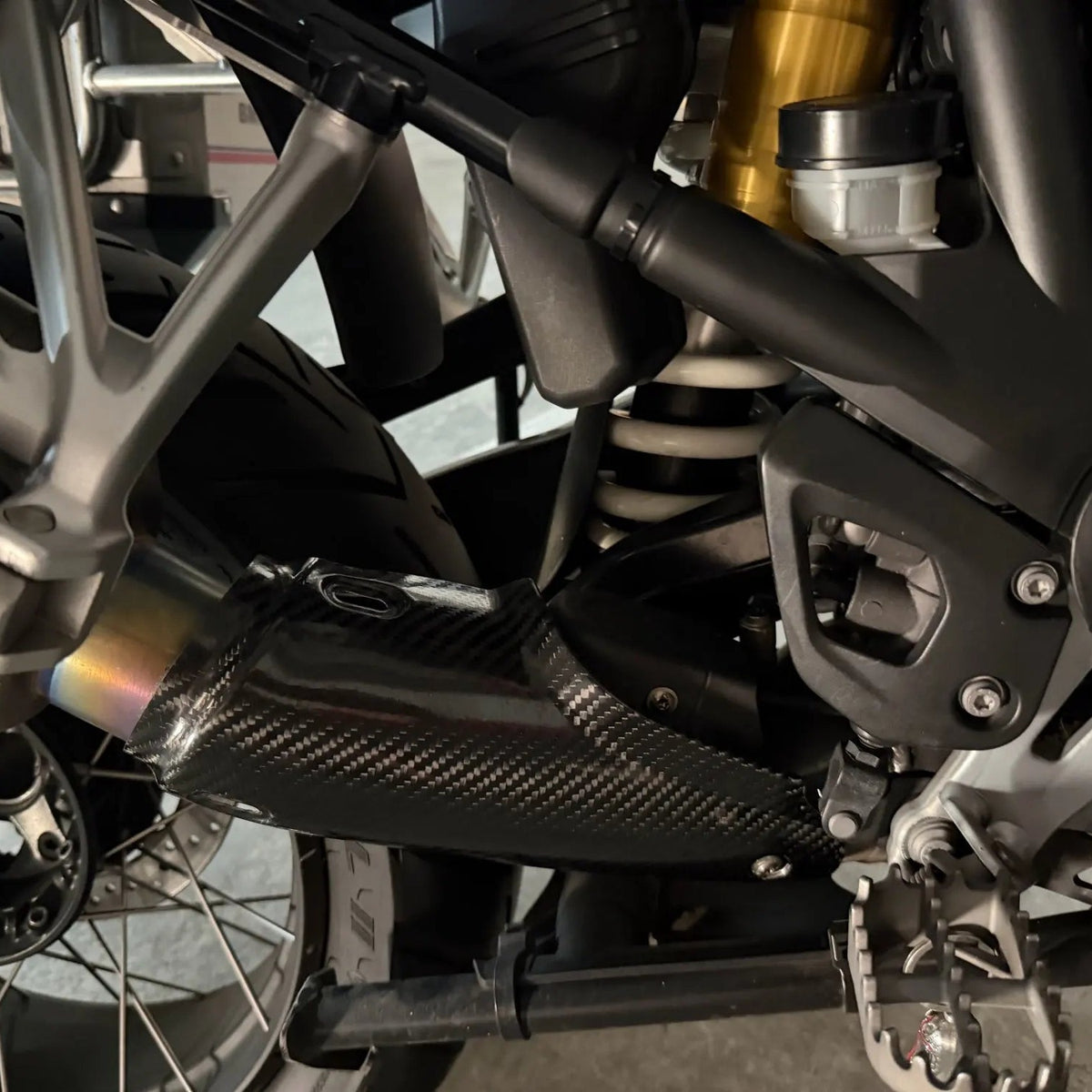 Carbon Fiber Exhaust Heat Shield For BMW R1200GS / R1250GS - 2013 to 2023 - installed