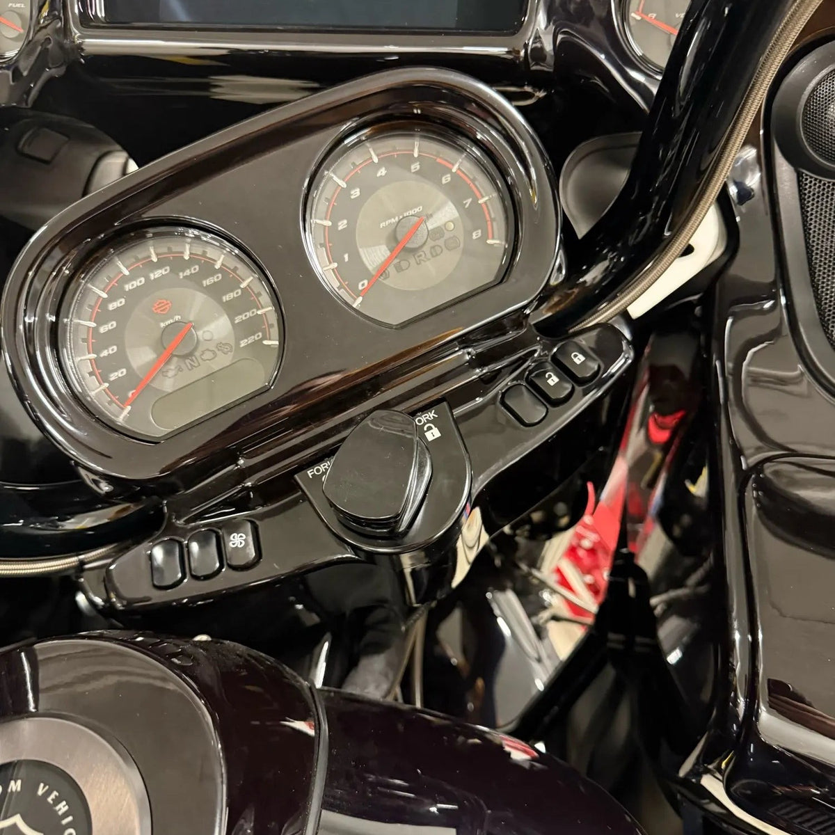 Chrome / Black Ignition Switch Panel Trim For Harley-Davidson Road Glide - 2015 to 2021 - installed